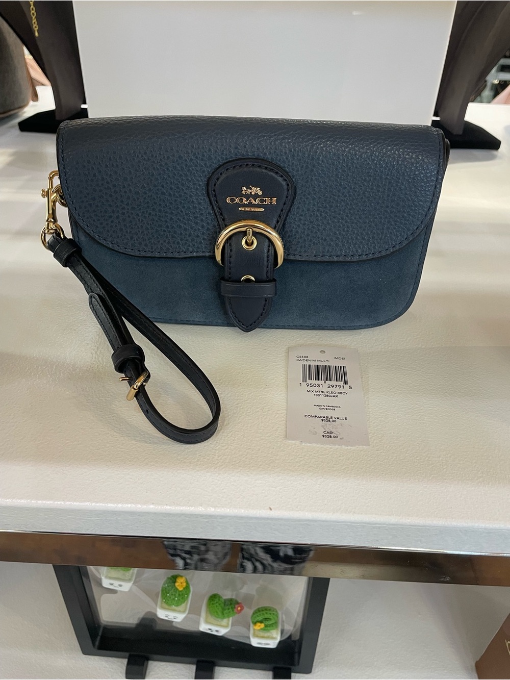 Coach Blue Suede & Leather Wristlet Clutch and crossbody with Gold Hardware